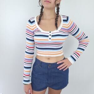 American Eagle Crop Henley Top Stripe Small Long Sleeve Knitted Ribbed Shirt